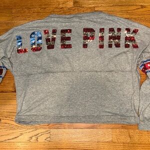Victoria Secret Pink Gray Cropped sequin “LOVE PINK” Long Sleeve Sz Large